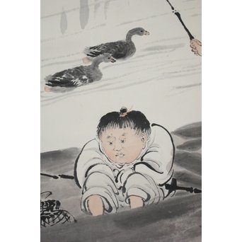 吴观岱/呉観岱 泛舟捕鱼图 紙本彩色掛軸　Z254 