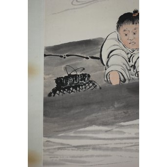 吴观岱/呉観岱 泛舟捕鱼图 紙本彩色掛軸　Z254 