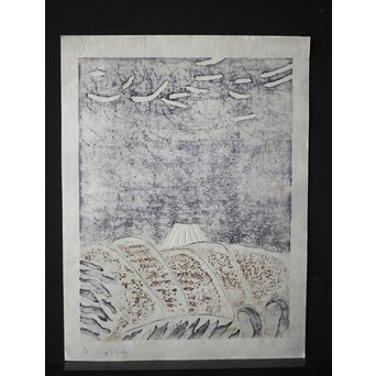 萩原英雄 三十六富士 石和早春 木版画 額装　Z255 