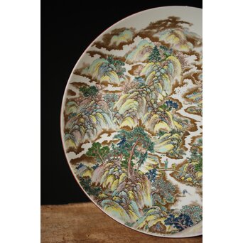 九谷 二代 上出喜山 山水楼閣図 大皿　P259 