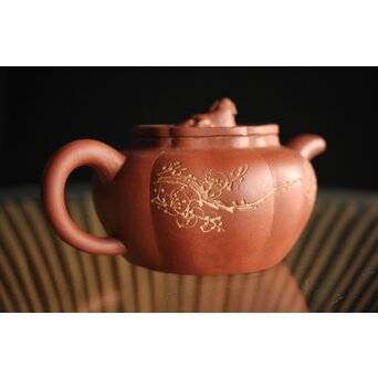 紅雨刻 漢詩梅紋朱泥急須 獅子摘 中国宜興 茶壺　P260 