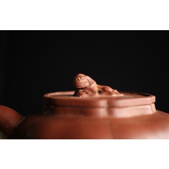 紅雨刻 漢詩梅紋朱泥急須 獅子摘 中国宜興 茶壺　P260 