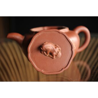 紅雨刻 漢詩梅紋朱泥急須 獅子摘 中国宜興 茶壺　P260 