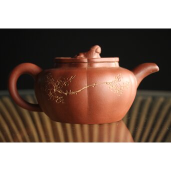 紅雨刻 漢詩梅紋朱泥急須 獅子摘 中国宜興 茶壺　P260 