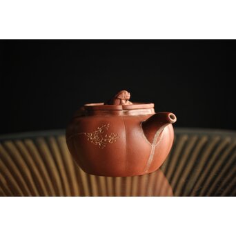 紅雨刻 漢詩梅紋朱泥急須 獅子摘 中国宜興 茶壺　P260 