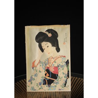 川瀬巴水 木版画【ゆく春】版木消失作品 大正14年作品 額装 Jシールワタナベ6㎜印　Z260