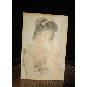 川瀬巴水 木版画【ゆく春】版木消失作品 大正14年作品 額装 Jシールワタナベ6㎜印　Z260 