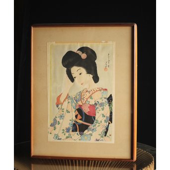 川瀬巴水 木版画【ゆく春】版木消失作品 大正14年作品 額装 Jシールワタナベ6㎜印　Z260 