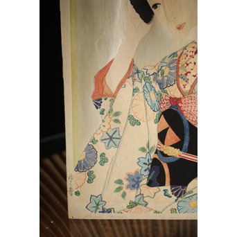 川瀬巴水 木版画【ゆく春】版木消失作品 大正14年作品 額装 Jシールワタナベ6㎜印　Z260 