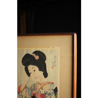 川瀬巴水 木版画【ゆく春】版木消失作品 大正14年作品 額装 Jシールワタナベ6㎜印　Z260 