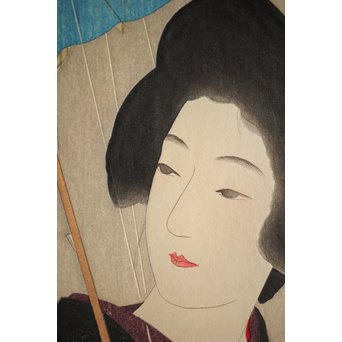 伊東深水 木版画【時雨】 Z261 