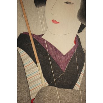 伊東深水 木版画【時雨】 Z261 