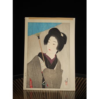 伊東深水 木版画【時雨】 Z261