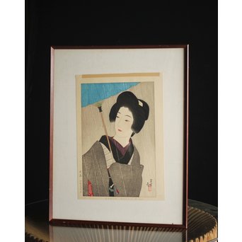 伊東深水 木版画【時雨】 Z261 