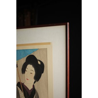 伊東深水 木版画【時雨】 Z261 