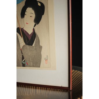 伊東深水 木版画【時雨】 Z261 