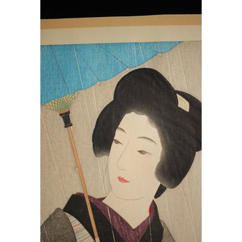 伊東深水 木版画【時雨】 Z261 