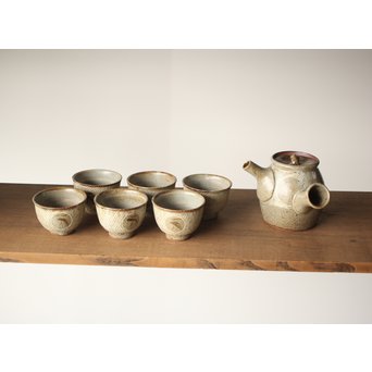 人間国宝 島岡達三 益子象嵌縄文 急須/汲出/湯呑/茶器揃　P263