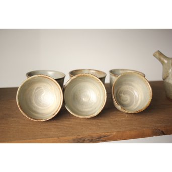 人間国宝 島岡達三 益子象嵌縄文 急須/汲出/湯呑/茶器揃　P263 