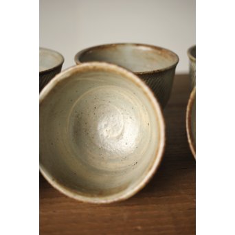 人間国宝 島岡達三 益子象嵌縄文 急須/汲出/湯呑/茶器揃　P263 