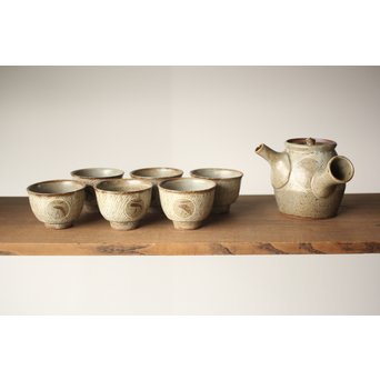 人間国宝 島岡達三 益子象嵌縄文 急須/汲出/湯呑/茶器揃　P263 