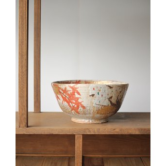 北大路魯山人写 雲錦手 桜 紅葉 大菓子鉢 鑓水焼　P264　