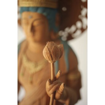 松下武雄作 観音立像 仏教美術彩色木彫　X310 