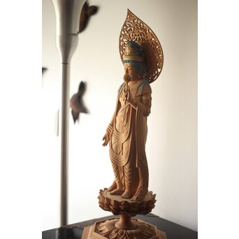 松下武雄作 観音立像 仏教美術彩色木彫　X310 