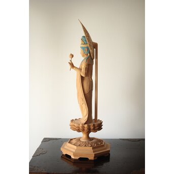 松下武雄作 観音立像 仏教美術彩色木彫　X310 