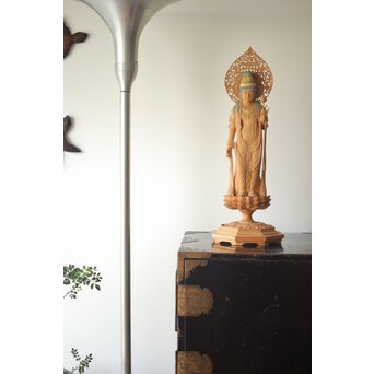 松下武雄作 観音立像 仏教美術彩色木彫　X310