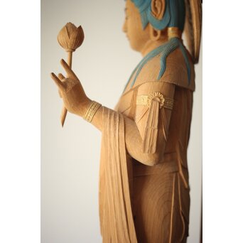 松下武雄作 観音立像 仏教美術彩色木彫　X310 