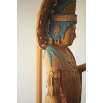 松下武雄作 観音立像 仏教美術彩色木彫　X310 