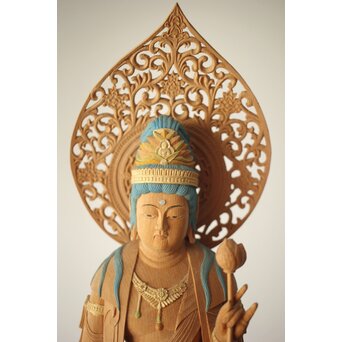 松下武雄作 観音立像 仏教美術彩色木彫　X310 