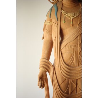 松下武雄作 観音立像 仏教美術彩色木彫　X310 