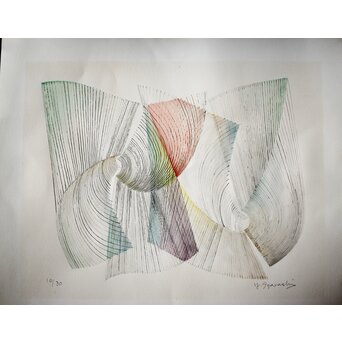 五十嵐芳三 抽象画 リトグラフ額装　Z266 