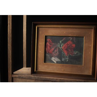 無名作家 時代油絵 静物画 赤い花 額装　Z267 