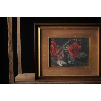 無名作家 時代油絵 静物画 赤い花 額装　Z267 