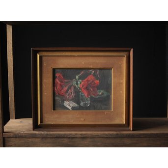無名作家 時代油絵 静物画 赤い花 額装　Z267 