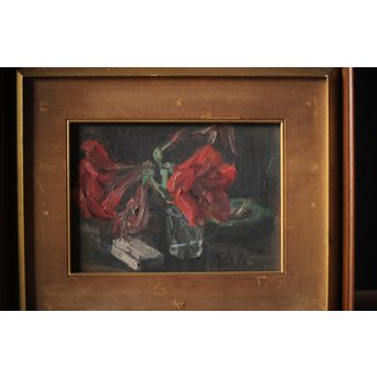 無名作家 時代油絵 静物画 赤い花 額装　Z267 