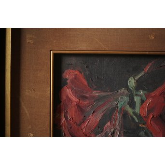 無名作家 時代油絵 静物画 赤い花 額装　Z267 