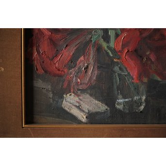 無名作家 時代油絵 静物画 赤い花 額装　Z267 