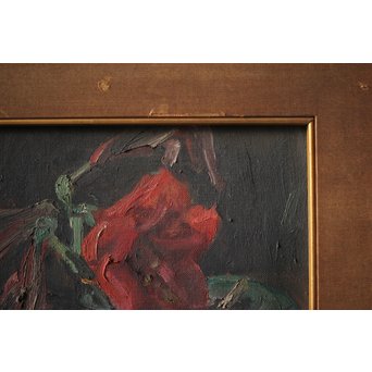 無名作家 時代油絵 静物画 赤い花 額装　Z267 