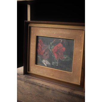 無名作家 時代油絵 静物画 赤い花 額装　Z267 