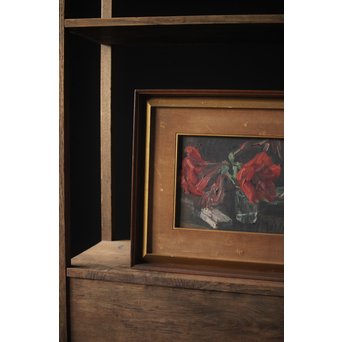 無名作家 時代油絵 静物画 赤い花 額装　Z267 