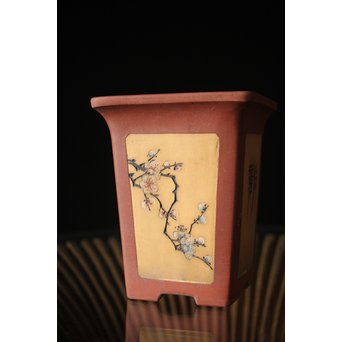 文革期 特奎四方大千筒 君順作 花鳥図釘彫 朱泥白泥四方鉢 蘭鉢　P271 