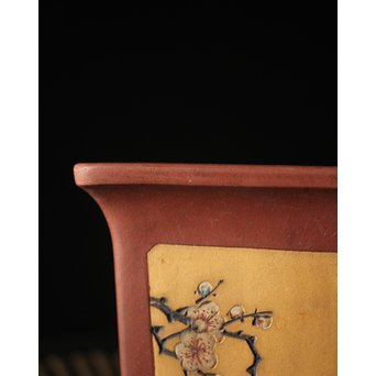 文革期 特奎四方大千筒 君順作 花鳥図釘彫 朱泥白泥四方鉢 蘭鉢　P271 