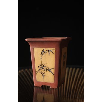 文革期 特奎四方大千筒 君順作 花鳥図釘彫 朱泥白泥四方鉢 蘭鉢　P271 