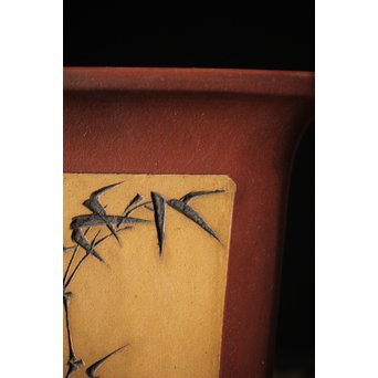 文革期 特奎四方大千筒 君順作 花鳥図釘彫 朱泥白泥四方鉢 蘭鉢　P271 