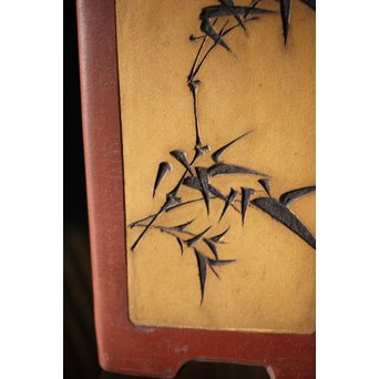 文革期 特奎四方大千筒 君順作 花鳥図釘彫 朱泥白泥四方鉢 蘭鉢　P271 