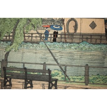 川瀬巴水 初期摺り Bシール 東京二十景/不忍池の雨 木版画　Z270 